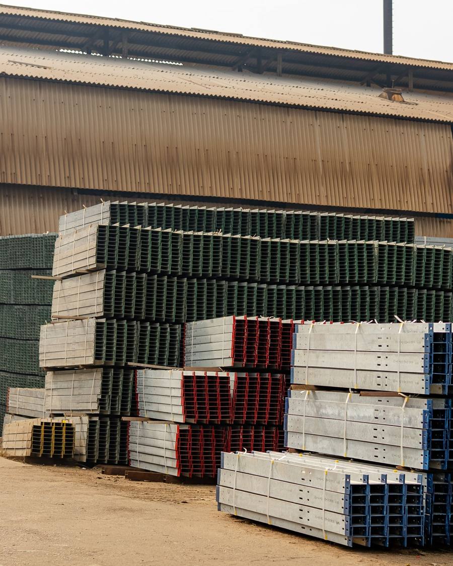 Steel sections stacked in the yard